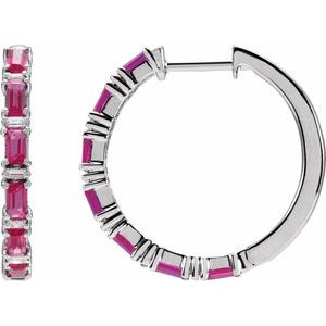 14K White Gold Straight Baguette 3.5 X 1.8 Mm I1, G-H Polished Natural Ruby And 1 1/4 Ctw Natural Diamond Hoop Earrings