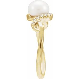14K Yellow Gold Cultured White Freshwater Pearl Pearl 6.5 Mm Natural Diamond Polished Freshwater Pearl And 1/8 Ctw Natural Diamond Ring Size 7