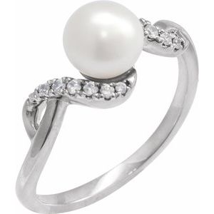 14K White Gold Cultured Freshwater Pearl Pearl 6.5 Mm Natural Diamond Polished Freshwater Pearl And 1/8 Ctw Natural Diamond Ring Size 7