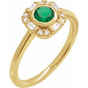 14K Yellow Gold Round 5 Mm Natural Emerald And 1/6 Ctw Natural Diamond Ring Size 7