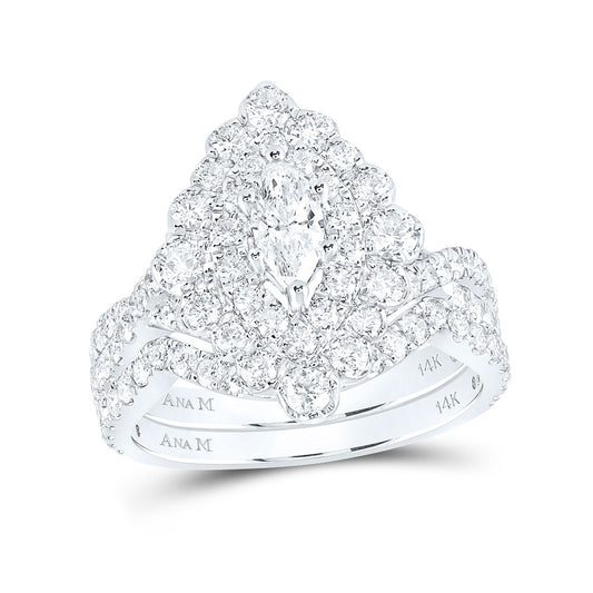 14K White Gold Marquise Diamond Halo Bridal Wedding Ring Band Set 1-7/8 Cttw, Womens Size: 5-10