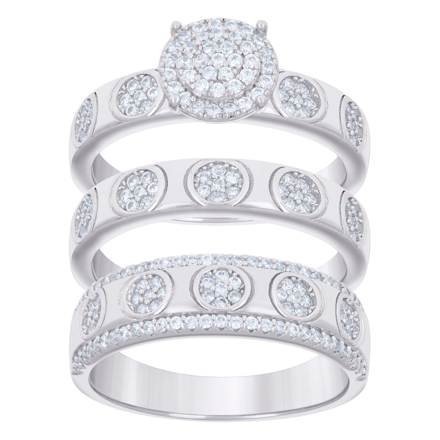 Sterling Silver Cubic-Zirconia Trio Bridal Anniversary Wedding Engagement Band Ring Set