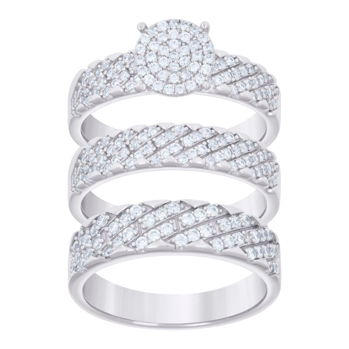 Sterling Silver Cubic-Zirconia Trio Bridal Anniversary Wedding Engagement Band Ring Set