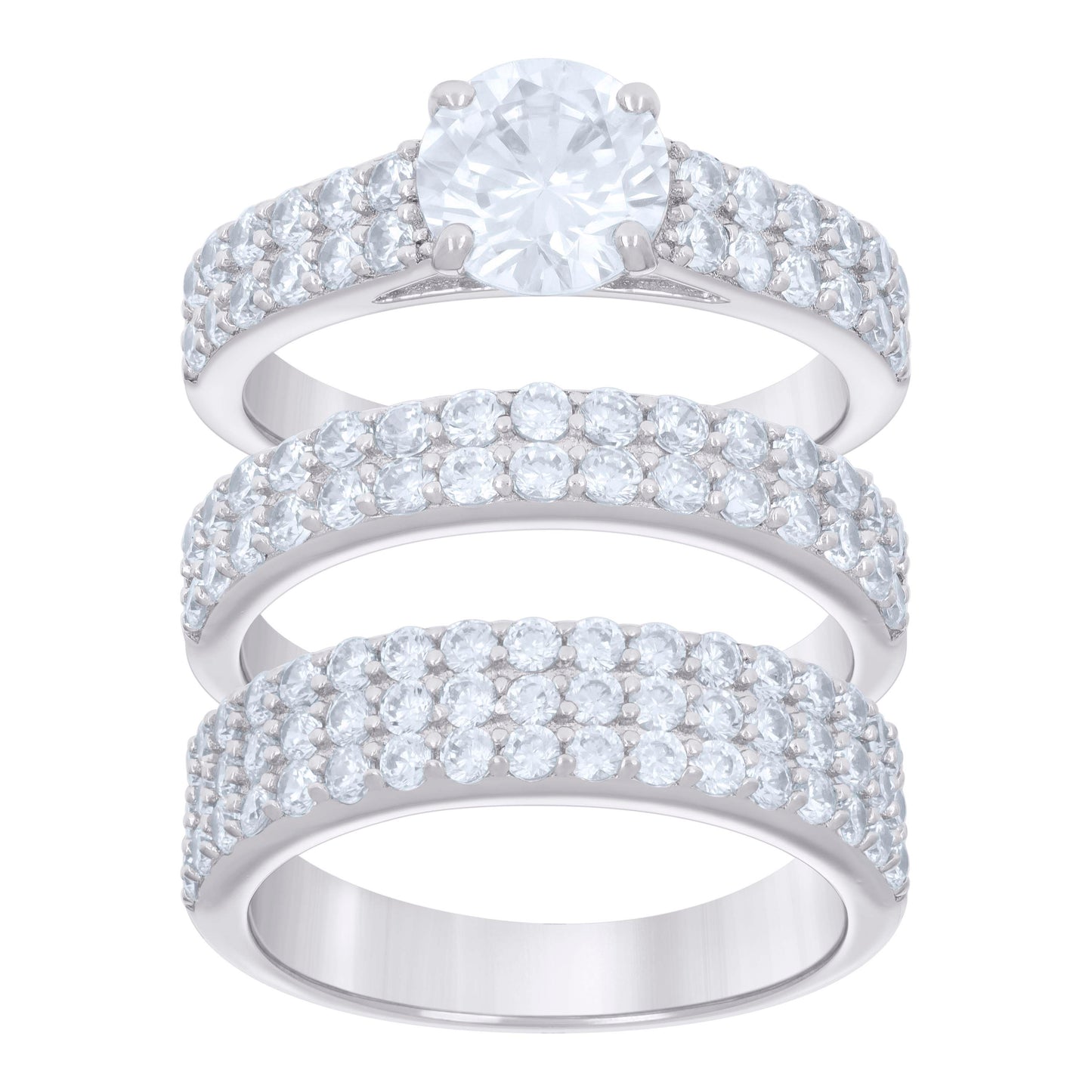 Sterling Silver Cubic-Zirconia Trio Bridal Anniversary Wedding Engagement Band Ring Set