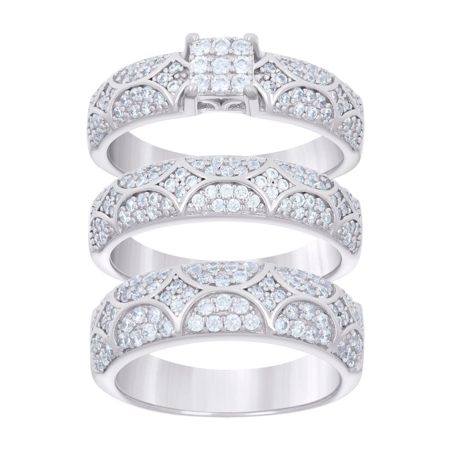 Sterling Silver Cubic-Zirconia Trio Bridal Anniversary Wedding Engagement Band Ring Set