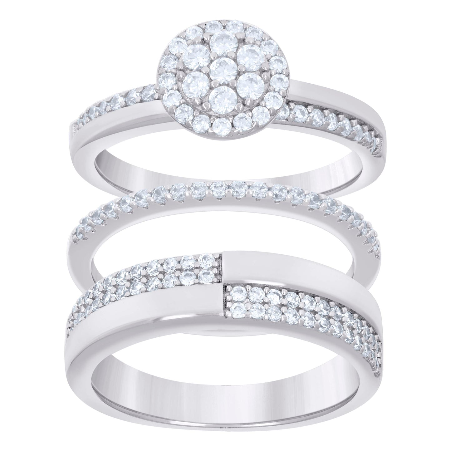 Sterling Silver Cubic-Zirconia Trio Bridal Anniversary Wedding Engagement Band Ring Set