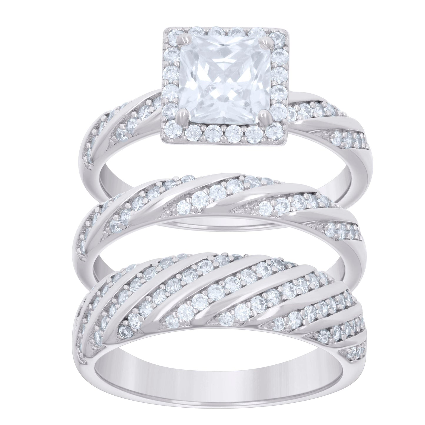 Sterling Silver Princess-Cut Round Cubic-Zirconia Trio Bridal Anniversary Wedding Engagement Band Ring Set