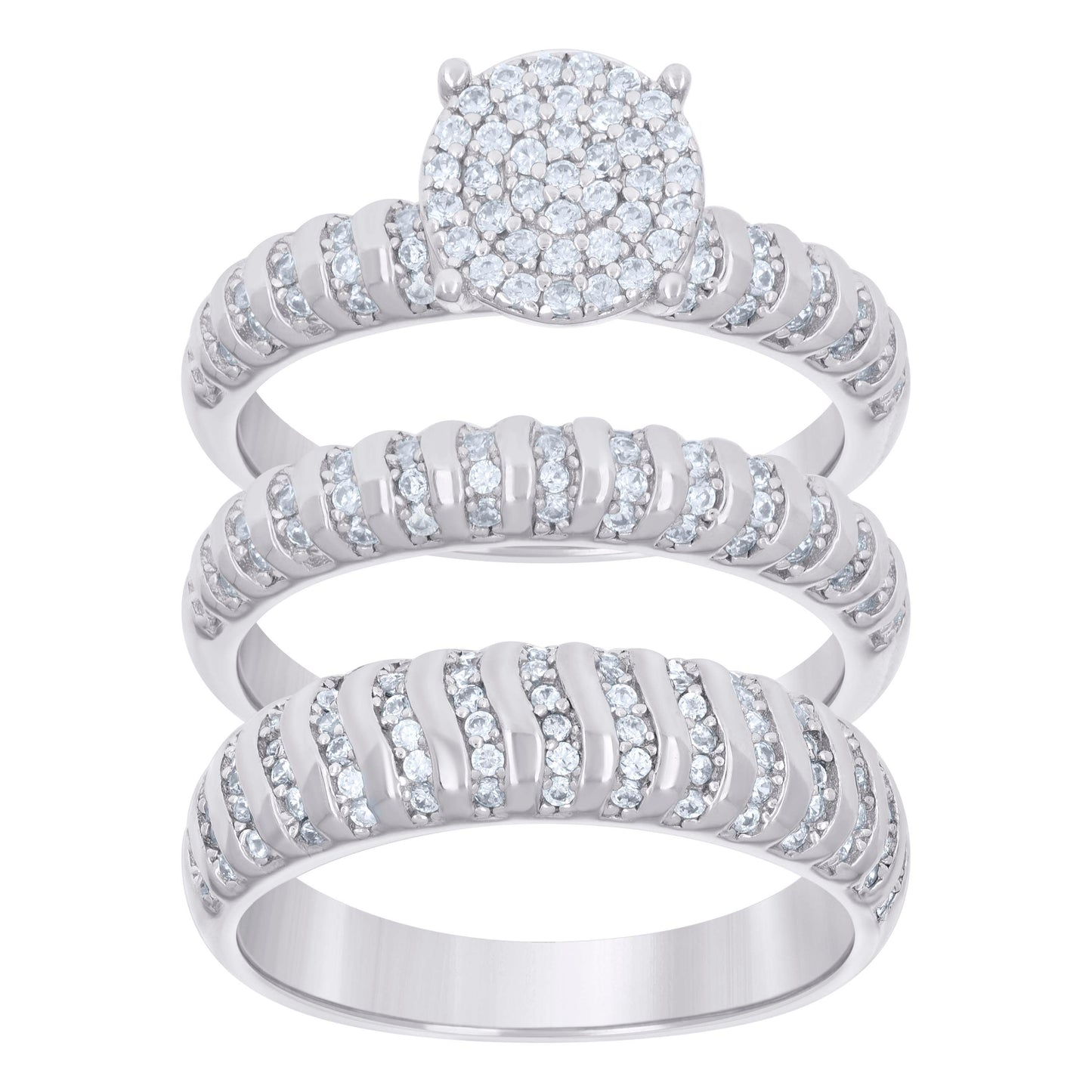 Sterling Silver Cubic-Zirconia Trio Bridal Anniversary Wedding Engagement Band Ring Set
