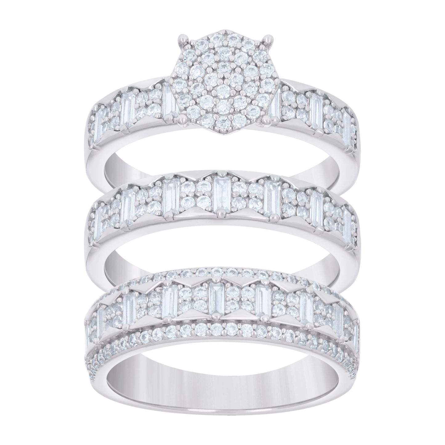 Sterling Silver Baguette Round Cubic-Zirconia Trio Bridal Anniversary Wedding Engagement Band Ring Set