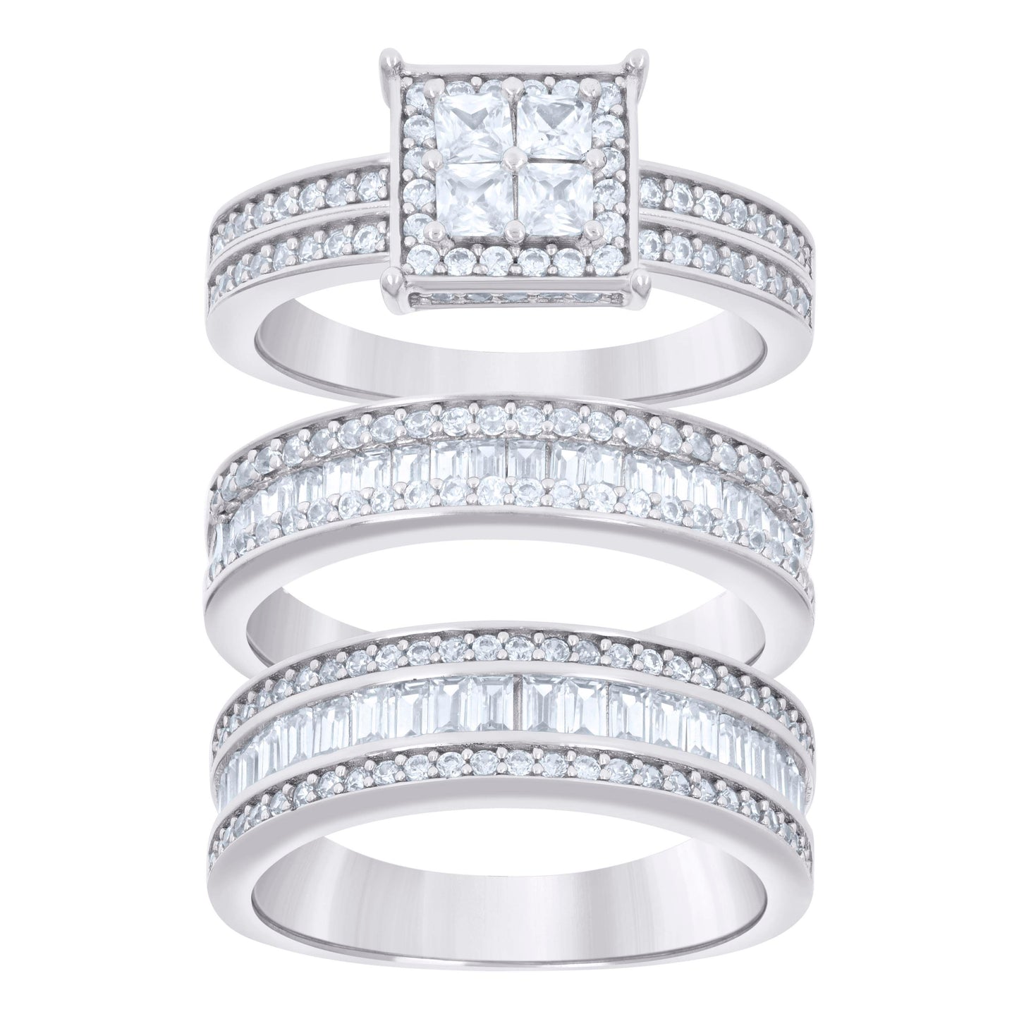 Sterling Silver Princess-Cut/Baguette Round Cubic-Zirconia Trio Bridal Anniversary Wedding Engagement Band Ring Set