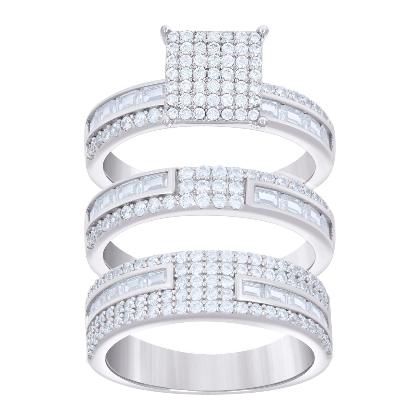 Sterling Silver Baguette Round Cubic-Zirconia Trio Bridal Anniversary Wedding Engagement Band Ring Set