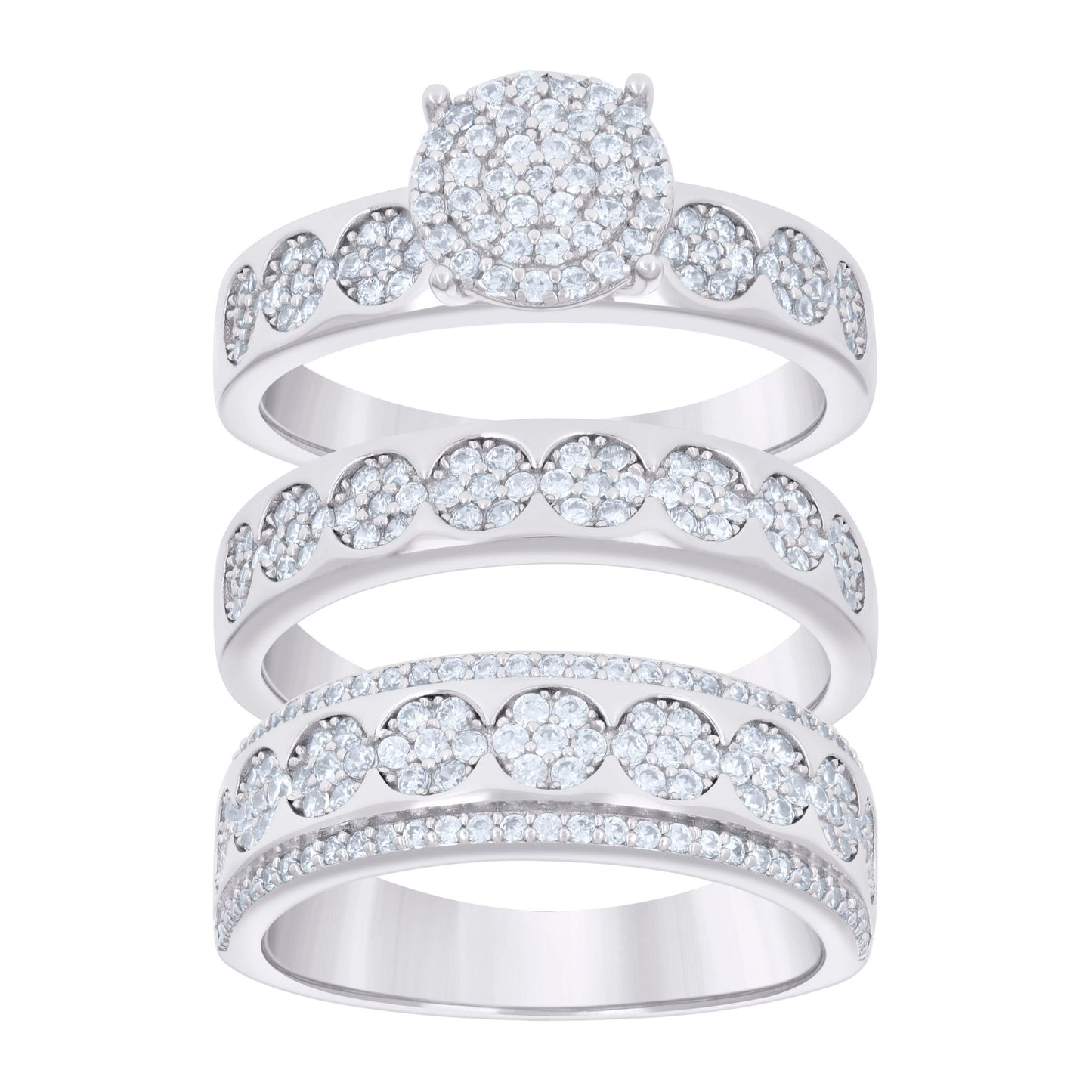 Sterling Silver Cubic-Zirconia Trio Bridal Anniversary Wedding Engagement Band Ring Set