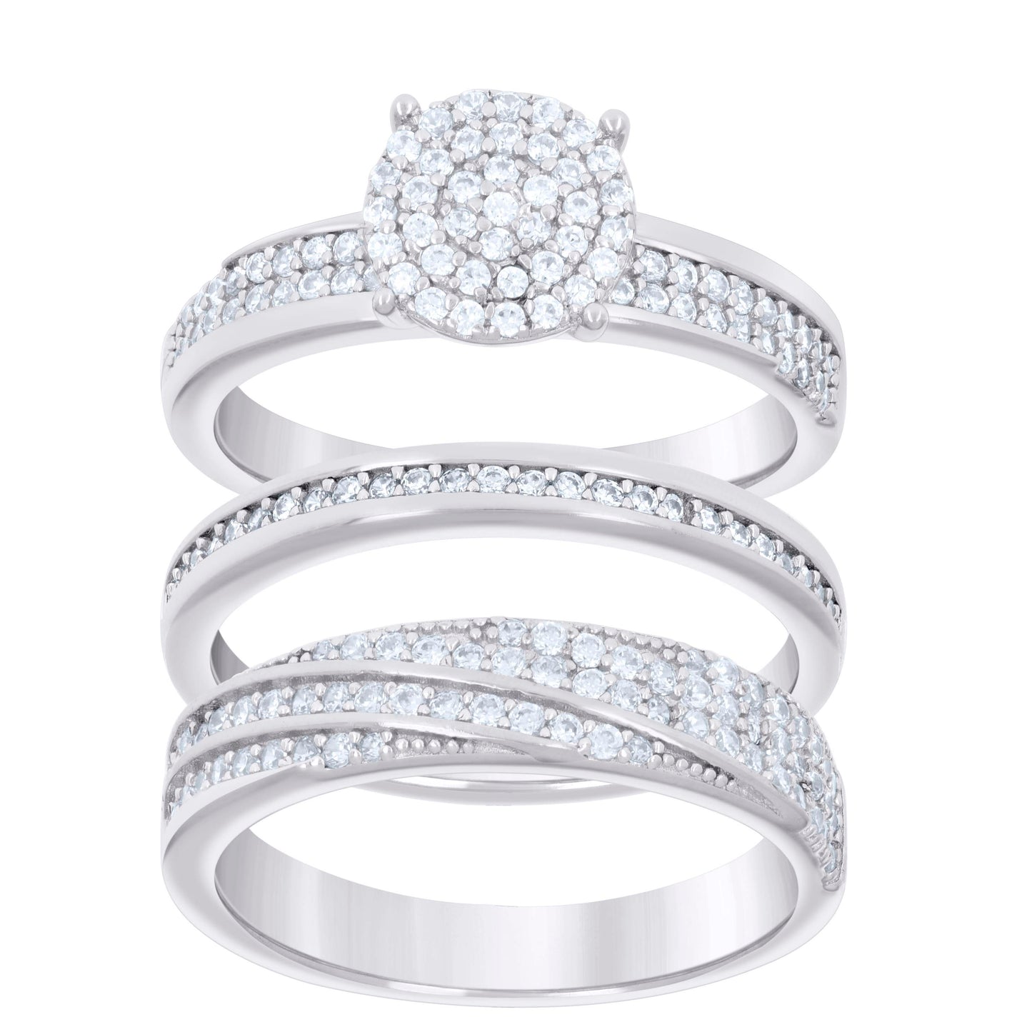Sterling Silver Cubic-Zirconia Trio Bridal Anniversary Wedding Engagement Band Ring Set