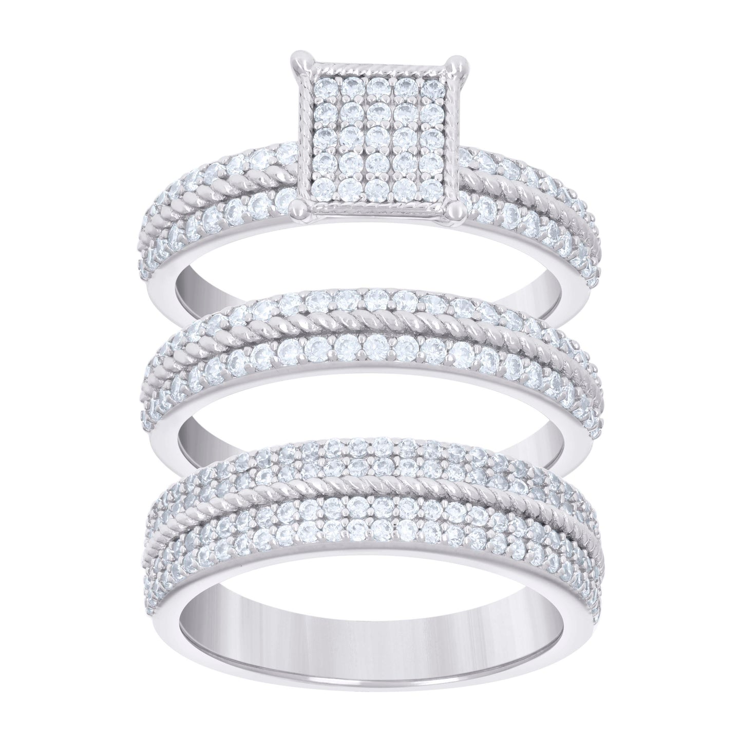 Sterling Silver Cubic-Zirconia Trio Bridal Anniversary Wedding Engagement Band Ring Set