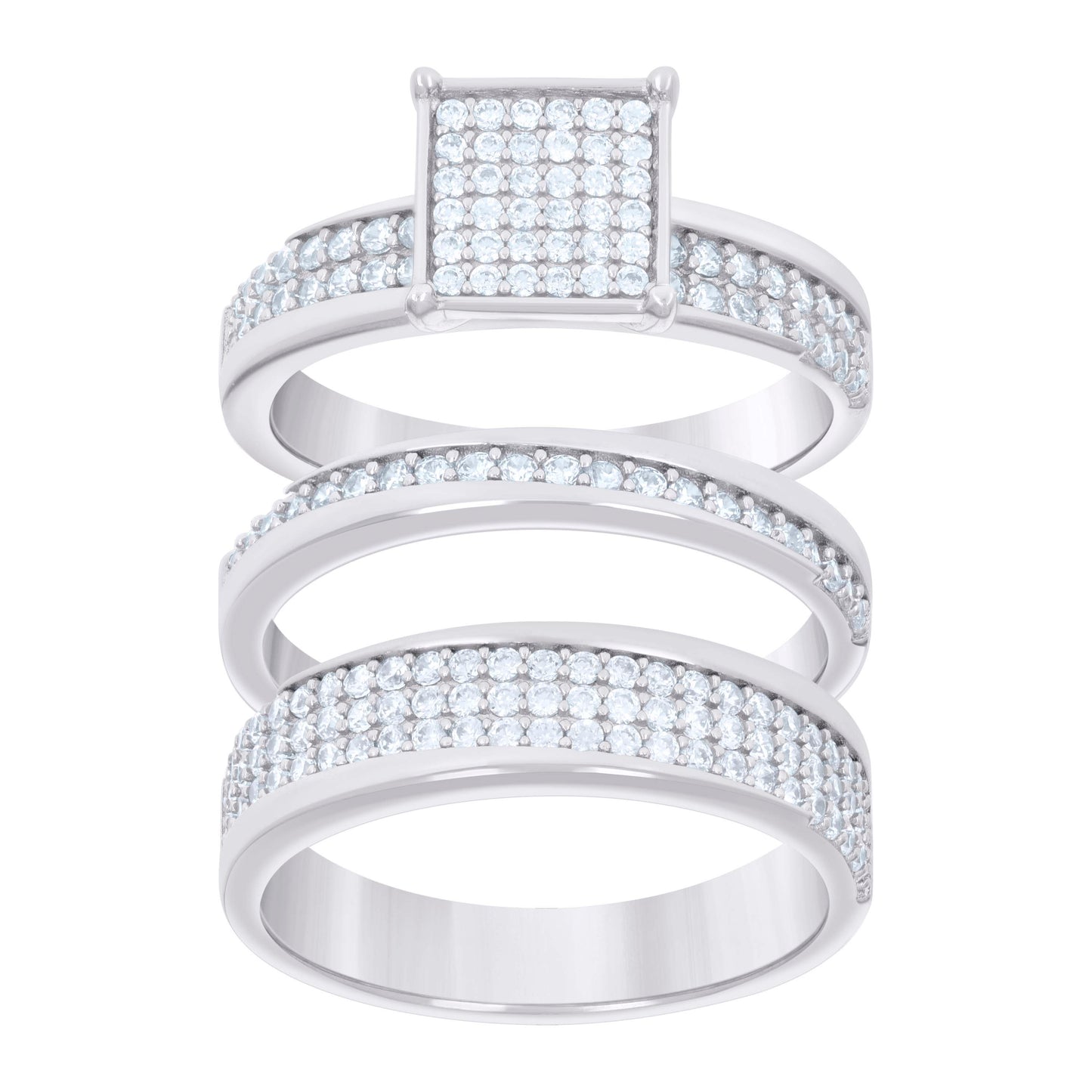 Sterling Silver Cubic-Zirconia Trio Bridal Anniversary Wedding Engagement Band Ring Set