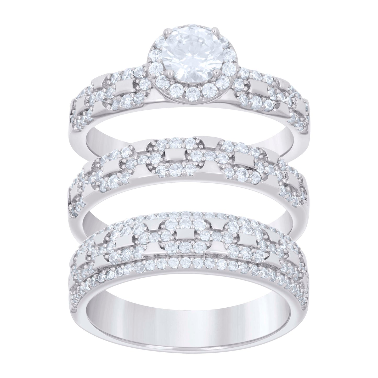 Sterling Silver Cubic-Zirconia Trio Bridal Anniversary Wedding Engagement Band Ring Set