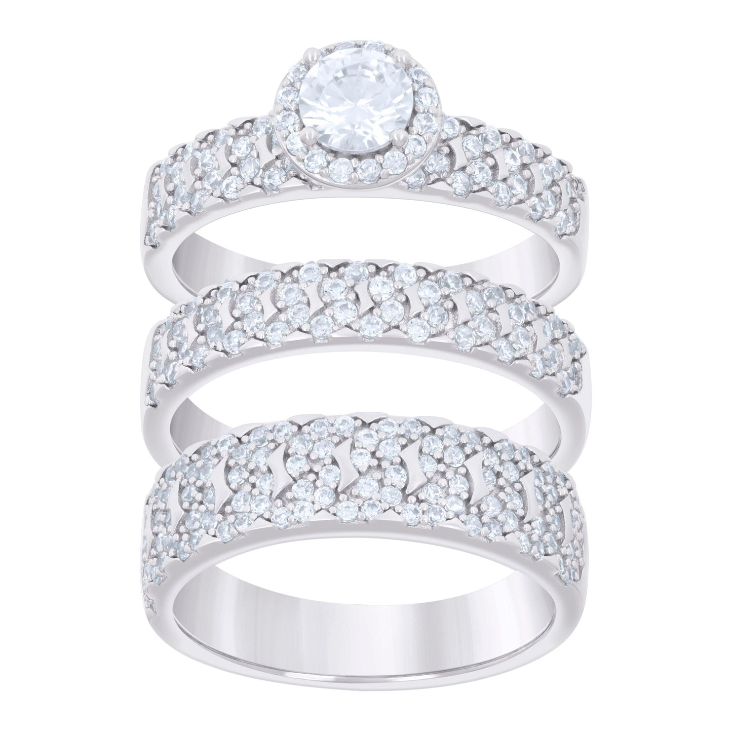 Sterling Silver Cubic-Zirconia Trio Bridal Anniversary Wedding Engagement Band Ring Set