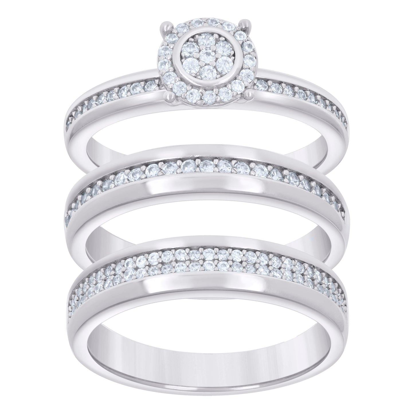 Sterling Silver Cubic-Zirconia Trio Bridal Anniversary Wedding Engagement Band Ring Set