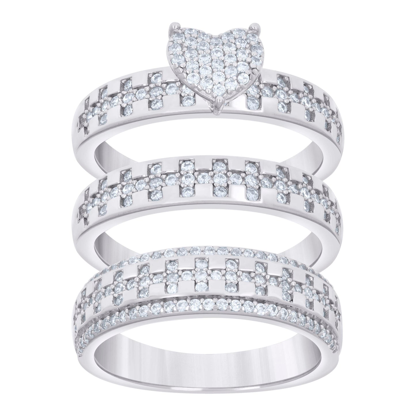 Sterling Silver Cubic-Zirconia Trio Bridal Anniversary Wedding Engagement Band Ring Set