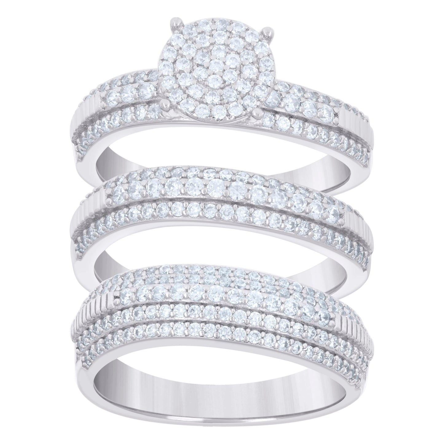 Sterling Silver Cubic-Zirconia Trio Bridal Anniversary Wedding Engagement Band Ring Set