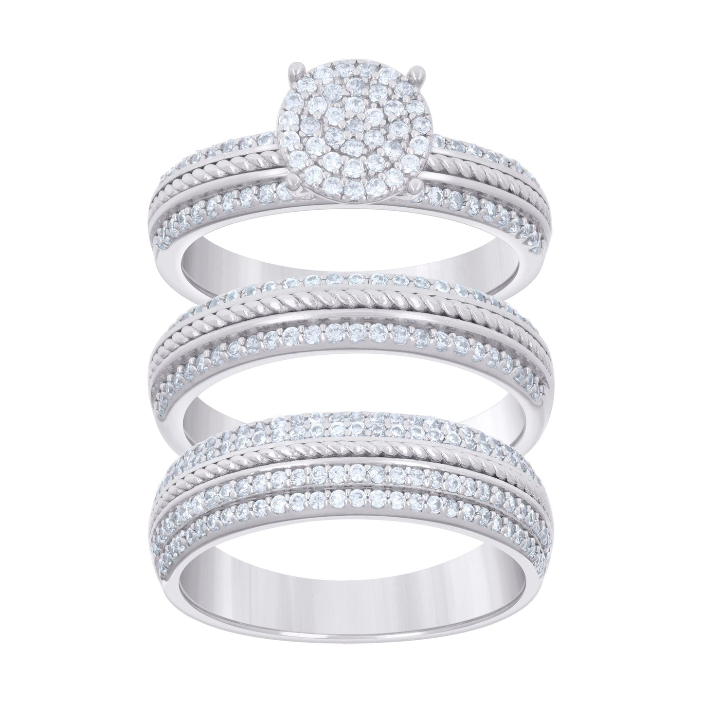 Sterling Silver Cubic-Zirconia Trio Bridal Anniversary Wedding Engagement Band Ring Set
