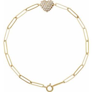 14K Yellow Gold Round 1.2Mm G-H I1 1/3 Ctw Natural Diamond Heart And Paperclip Style Bracelet, Length: 7 In