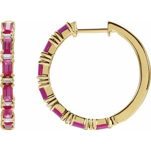 14K Yellow Gold  Straight Baguette 3.5 X 1.8 Mm Natural Diamond I1, G-H Polished Natural Ruby And 1 1/4 Ctw Natural Diamond Hoop Earrings