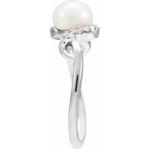 14K White Gold Cultured Freshwater Pearl Pearl 6.5 Mm Natural Diamond Polished Freshwater Pearl And 1/8 Ctw Natural Diamond Ring Size 7