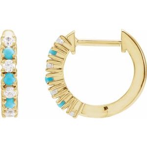 14K Yellow Gold Round 1.7 Mm 1/3 Ctw Natural Diamond And Natural Turquoise Hoop Earrings