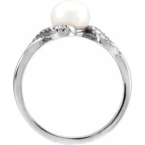 14K White Gold Cultured Freshwater Pearl Pearl 6.5 Mm Natural Diamond Polished Freshwater Pearl And 1/8 Ctw Natural Diamond Ring Size 7