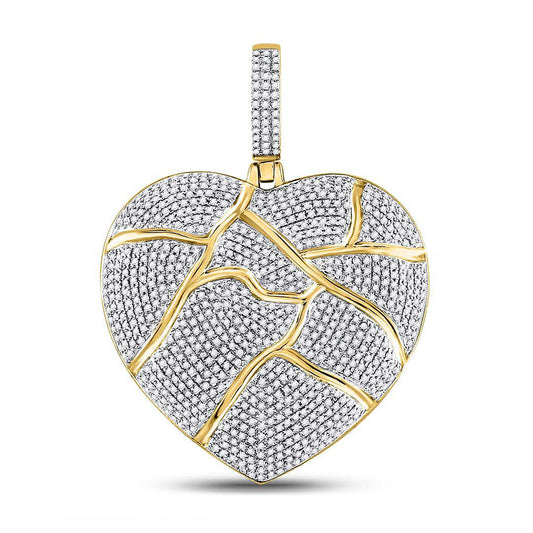 10K Yellow Gold Mens Round Diamond Fractured Broken Heart Charm Pendant 1-1/2 Cttw, Length: 1.23 In, Width: 0.89 In