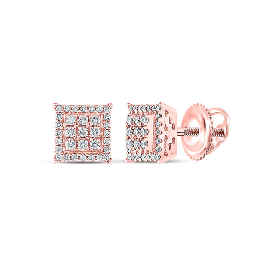 14K Rose Gold Womens Round Diamond Square Cluster Earrings 1/4 Cttw