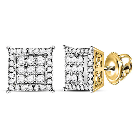 14K Yellow Gold Womens Round Diamond Square Earrings 1/2 Cttw