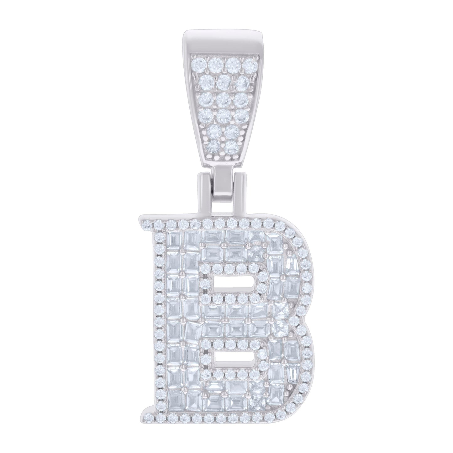Sterling Silver Unisex Baguette Round Cubic-Zirconia Initial Alphabet Charm Pendant