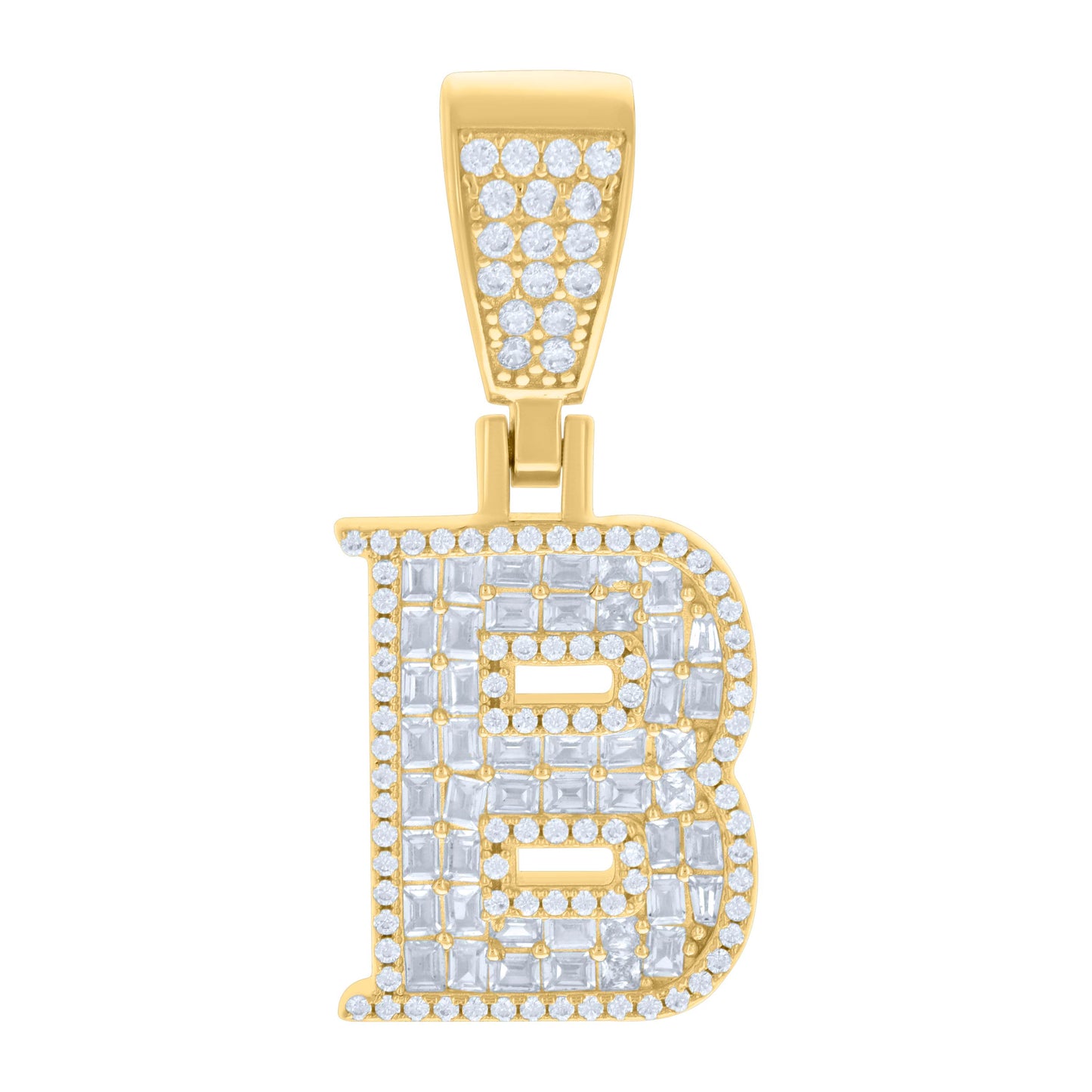 Sterling Silver Unisex Baguette Round Cubic-Zirconia Initial Alphabet Charm Pendant