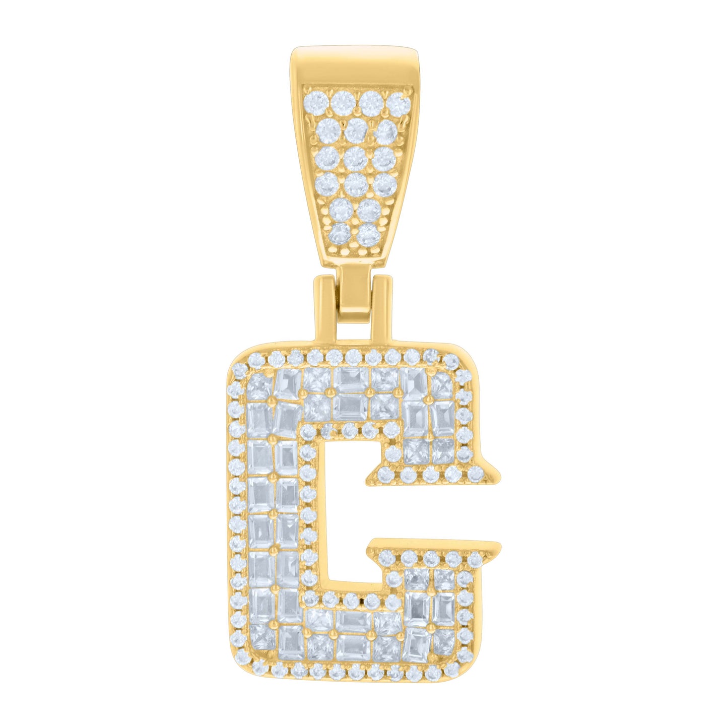 Sterling Silver Unisex Baguette Round Cubic-Zirconia Initial Alphabet Charm Pendant