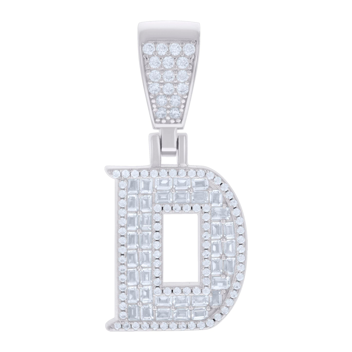 Sterling Silver Unisex Baguette Round Cubic-Zirconia Initial Alphabet Charm Pendant