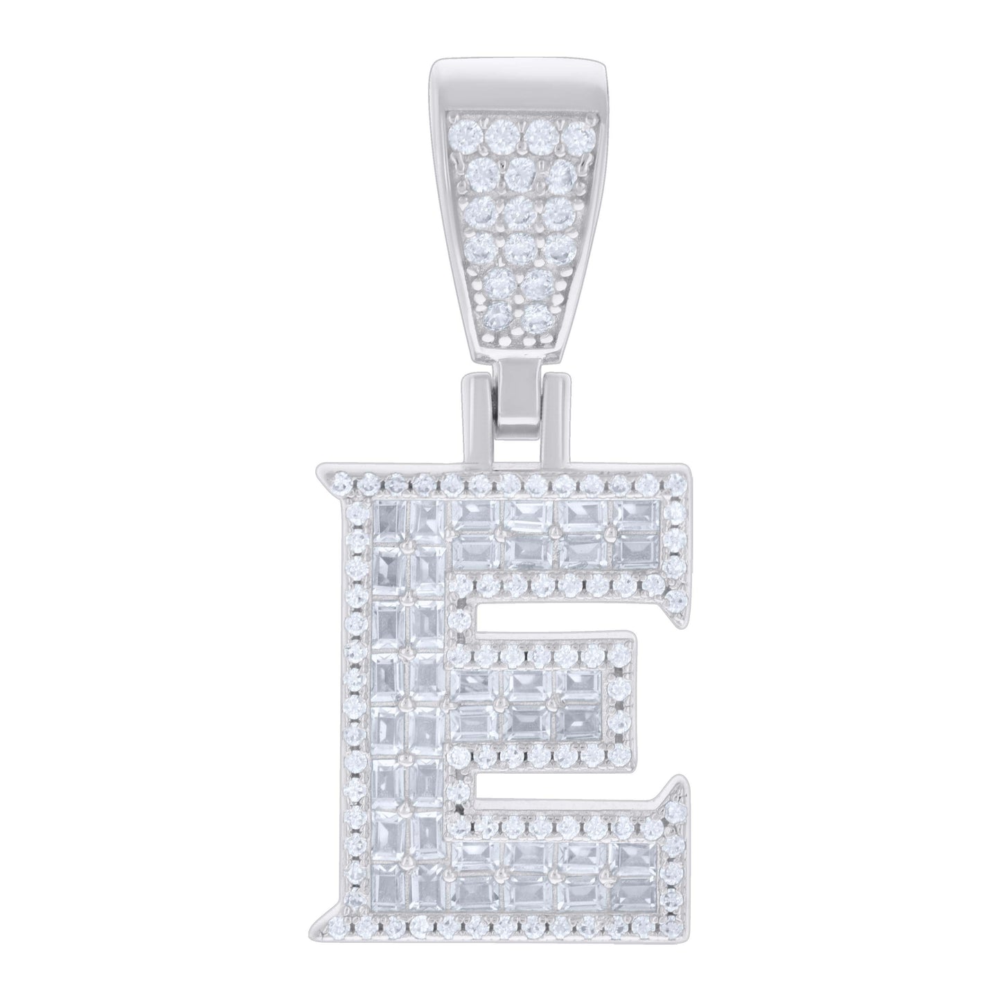 Sterling Silver Unisex Baguette Round Cubic-Zirconia Initial Alphabet Charm Pendant