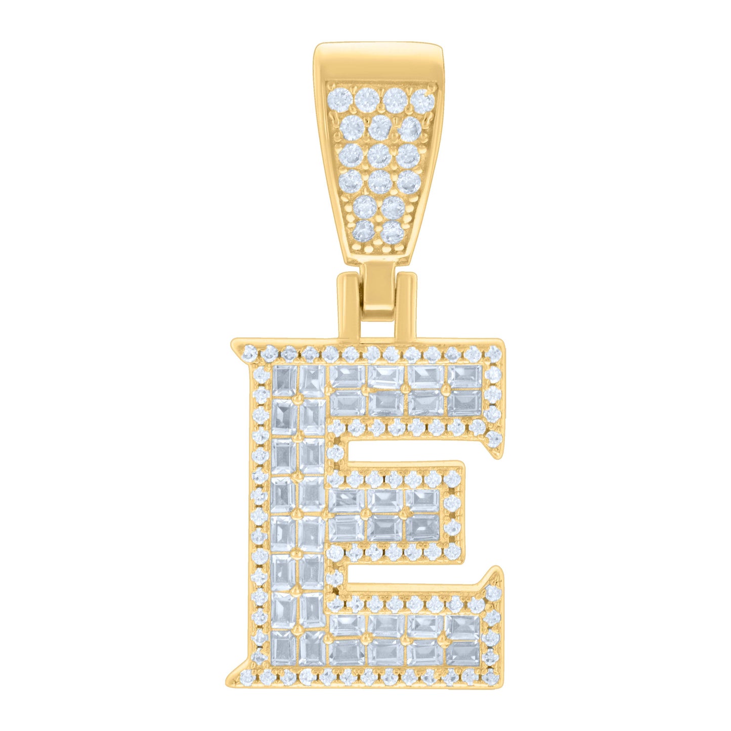 Sterling Silver Unisex Baguette Round Cubic-Zirconia Initial Alphabet Charm Pendant