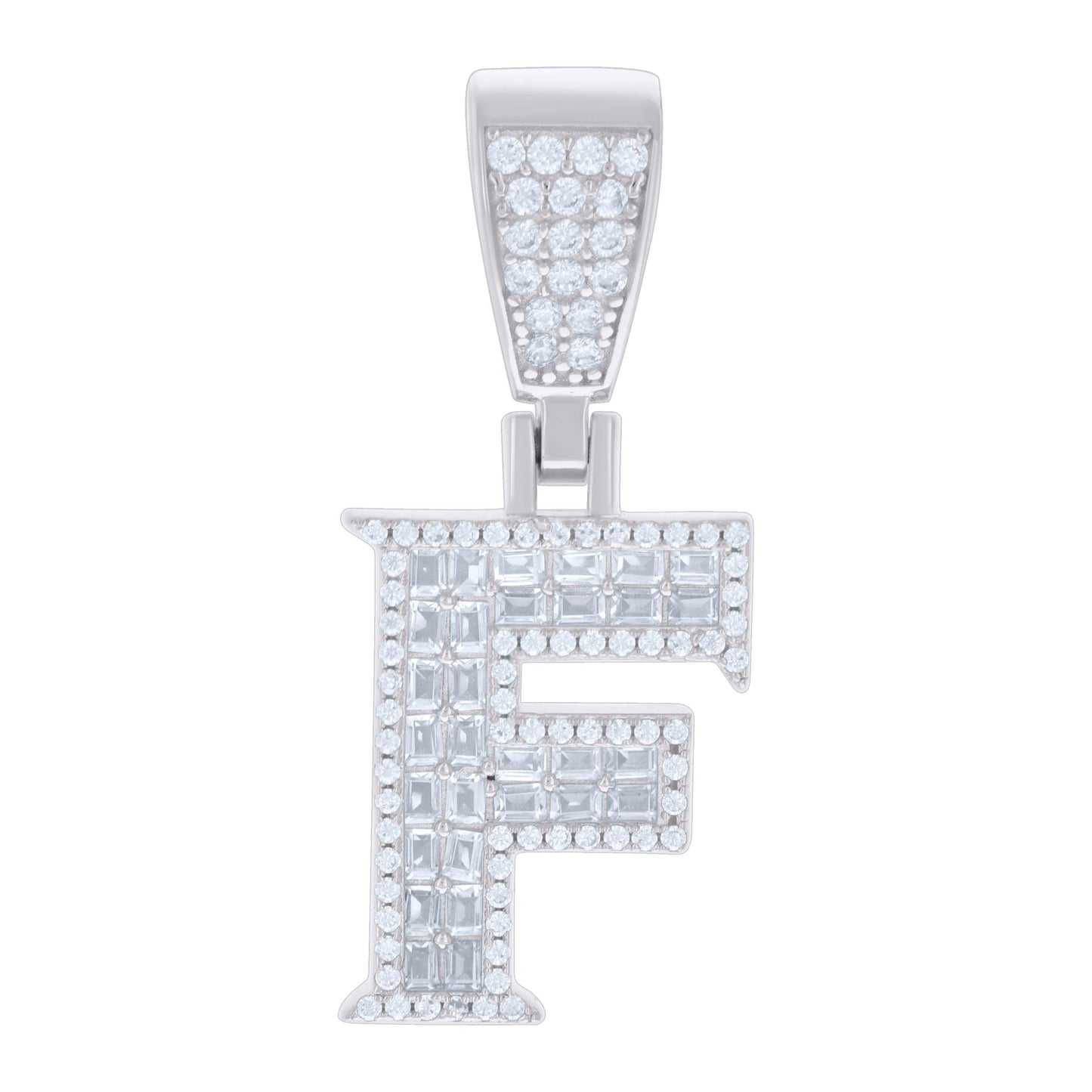 Sterling Silver Unisex Baguette Round Cubic-Zirconia Initial Alphabet Charm Pendant