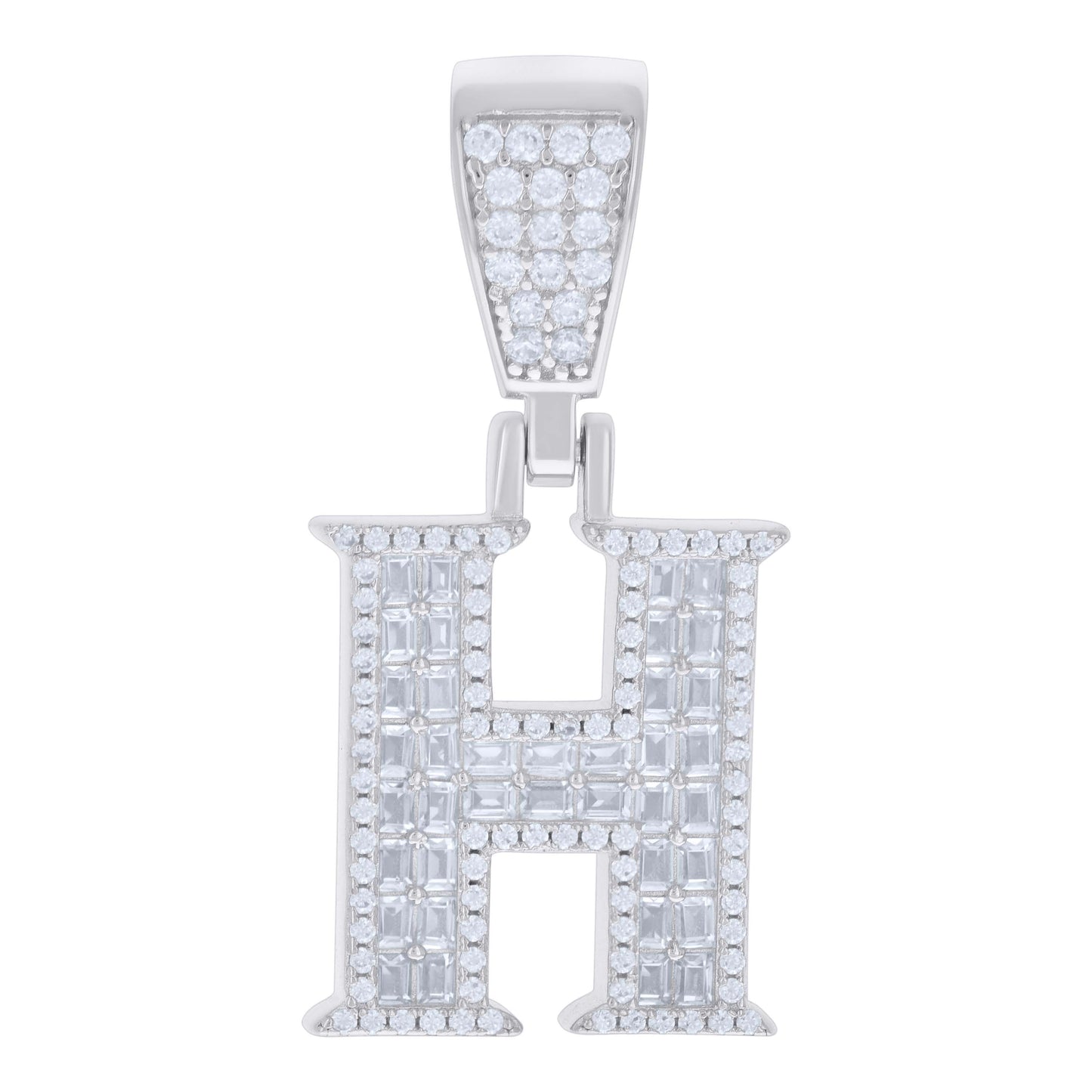 Sterling Silver Unisex Baguette Round Cubic-Zirconia Initial Alphabet Charm Pendant