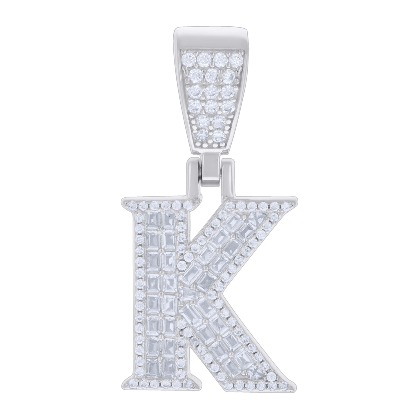 Sterling Silver Unisex Baguette Round Cubic-Zirconia Initial Alphabet Charm Pendant