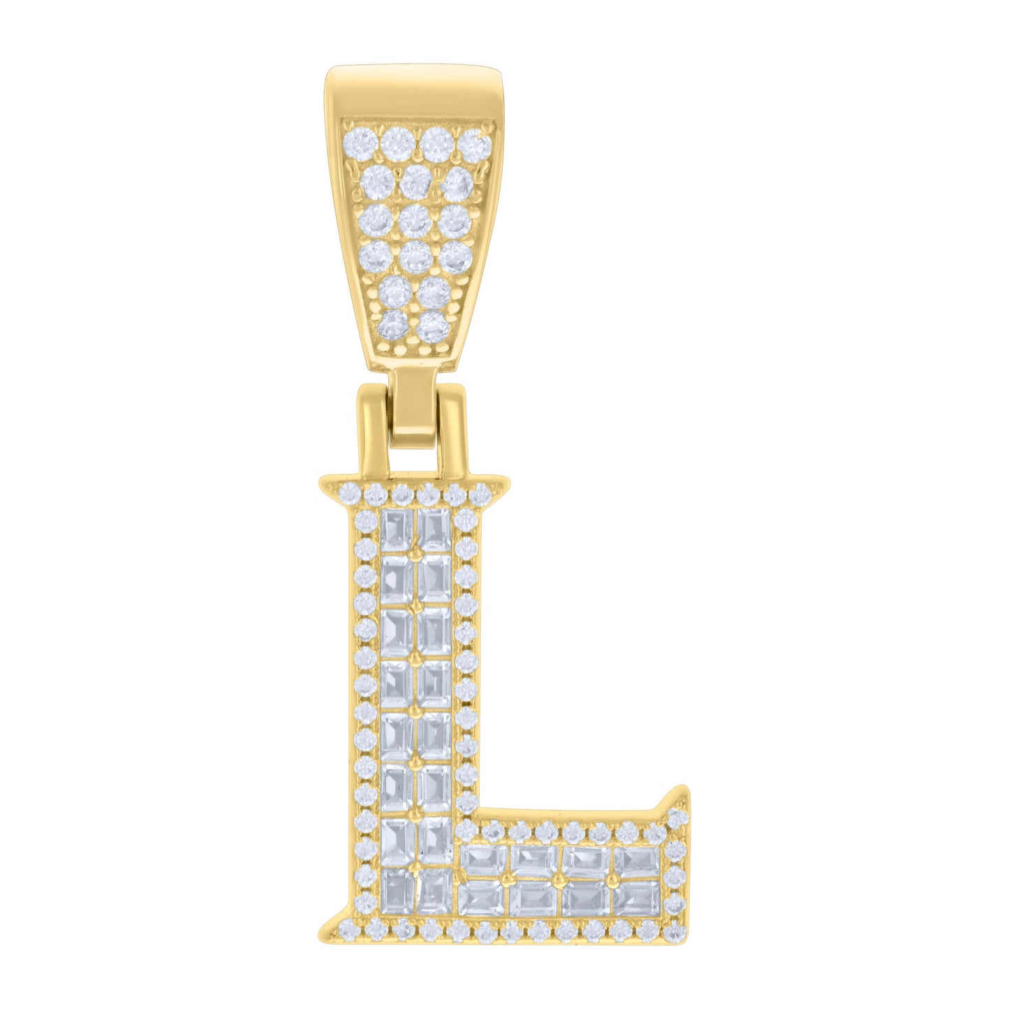 Sterling Silver Unisex Baguette Round Cubic-Zirconia Initial Alphabet Charm Pendant