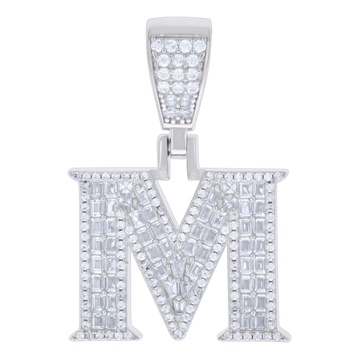 Sterling Silver Unisex Baguette Round Cubic-Zirconia Initial Alphabet Charm Pendant