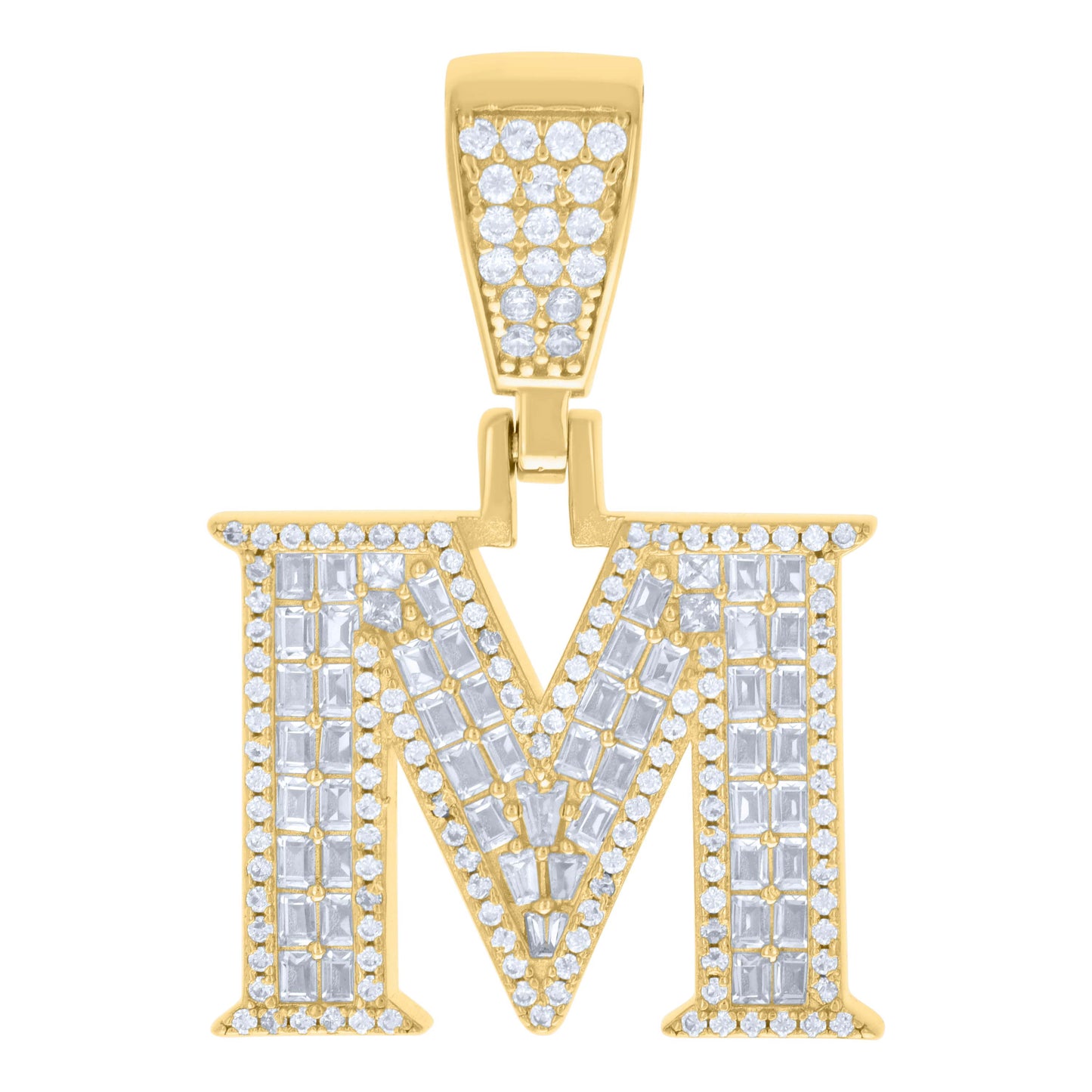 Sterling Silver Unisex Baguette Round Cubic-Zirconia Initial Alphabet Charm Pendant