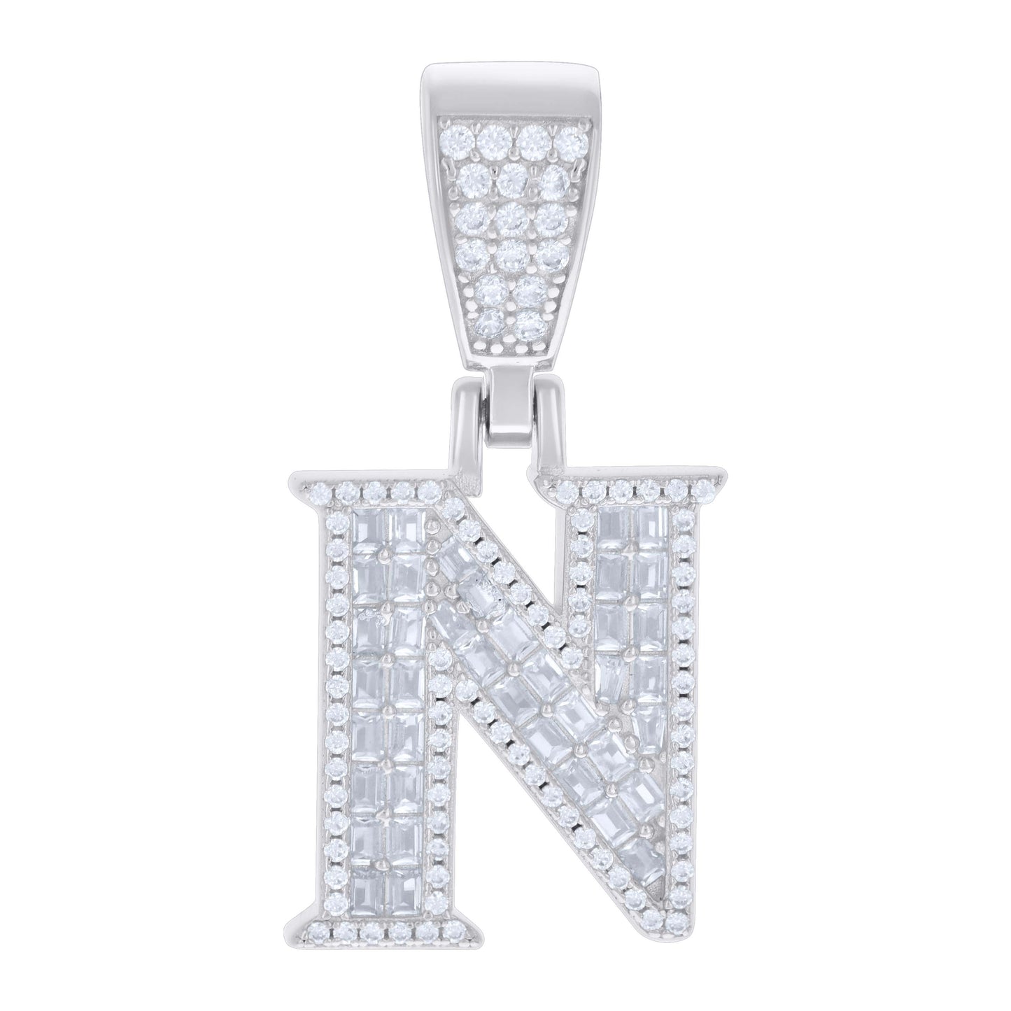 Sterling Silver Unisex Baguette Round Cubic-Zirconia Initial Alphabet Charm Pendant