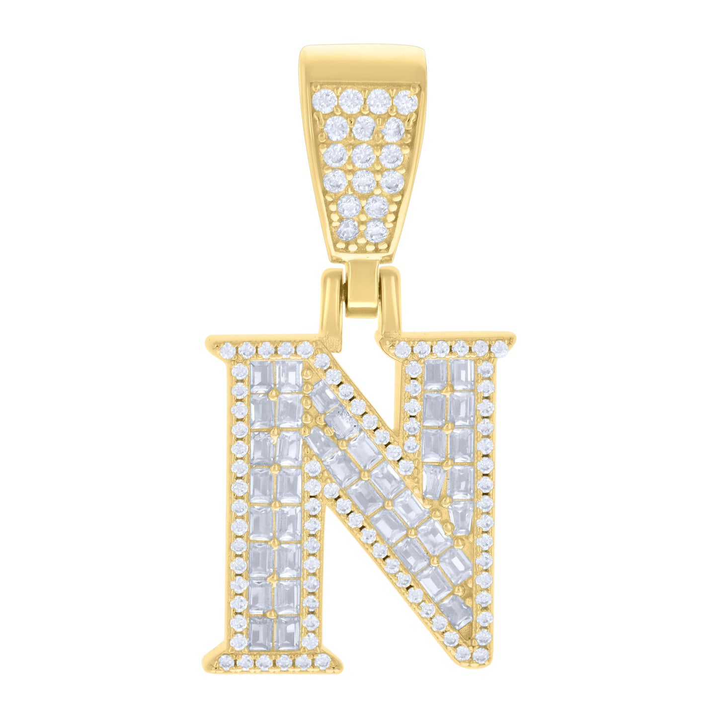 Sterling Silver Unisex Baguette Round Cubic-Zirconia Initial Alphabet Charm Pendant