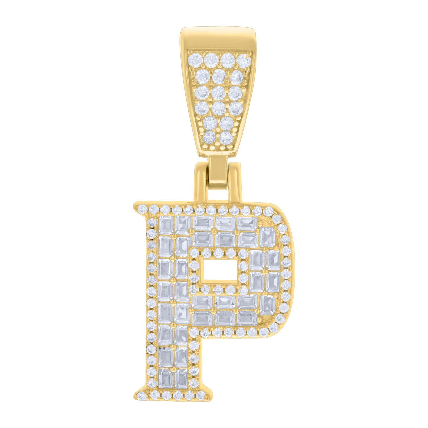 Sterling Silver Unisex Baguette Round Cubic-Zirconia Initial Alphabet Charm Pendant