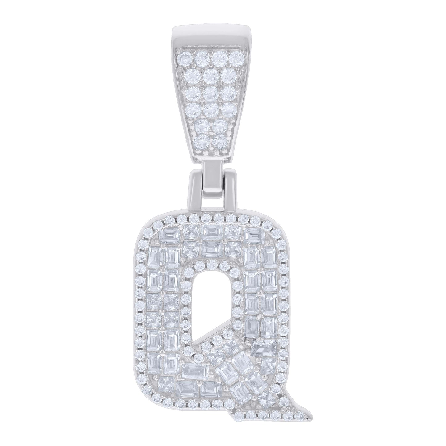 Sterling Silver Unisex Baguette Round Cubic-Zirconia Initial Alphabet Charm Pendant
