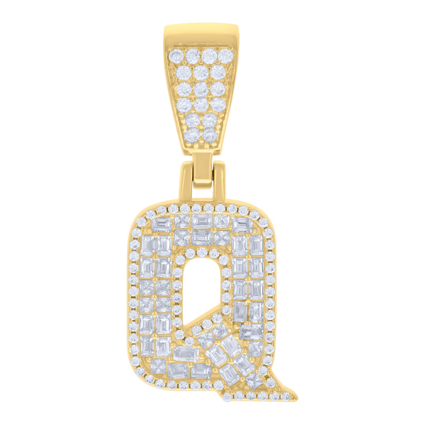 Sterling Silver Unisex Baguette Round Cubic-Zirconia Initial Alphabet Charm Pendant